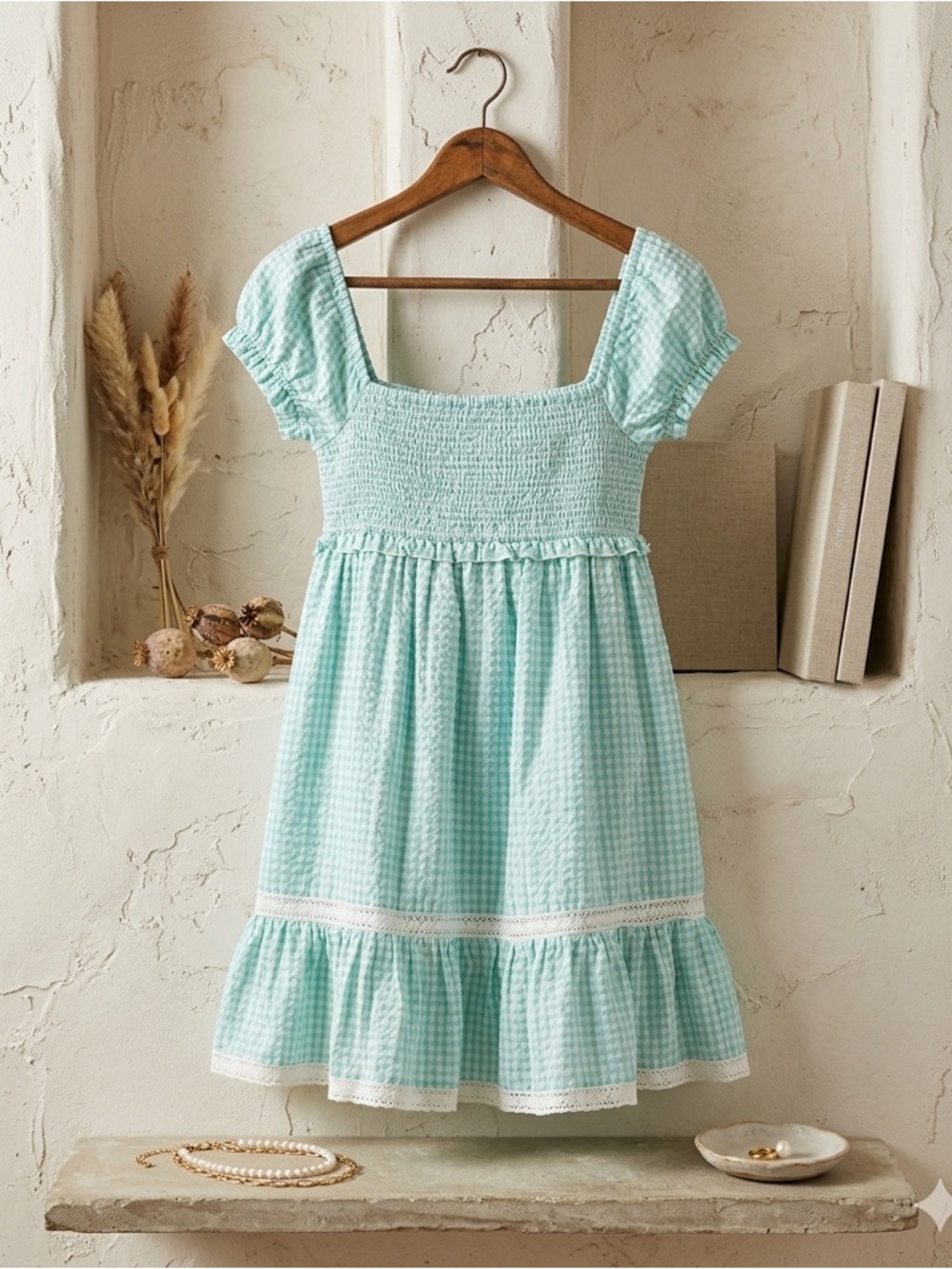 Urban Outfitters Marseille Gingham Smocked Mini Dress M NWT